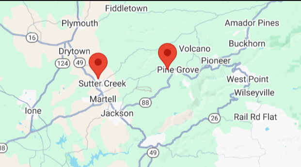 Map showing Sutter Creek and Pine Grove